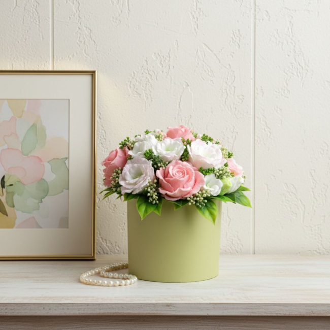 Розы и эустомы в коробке