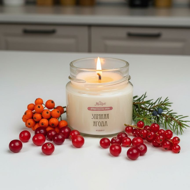 красные ягоды и свеча